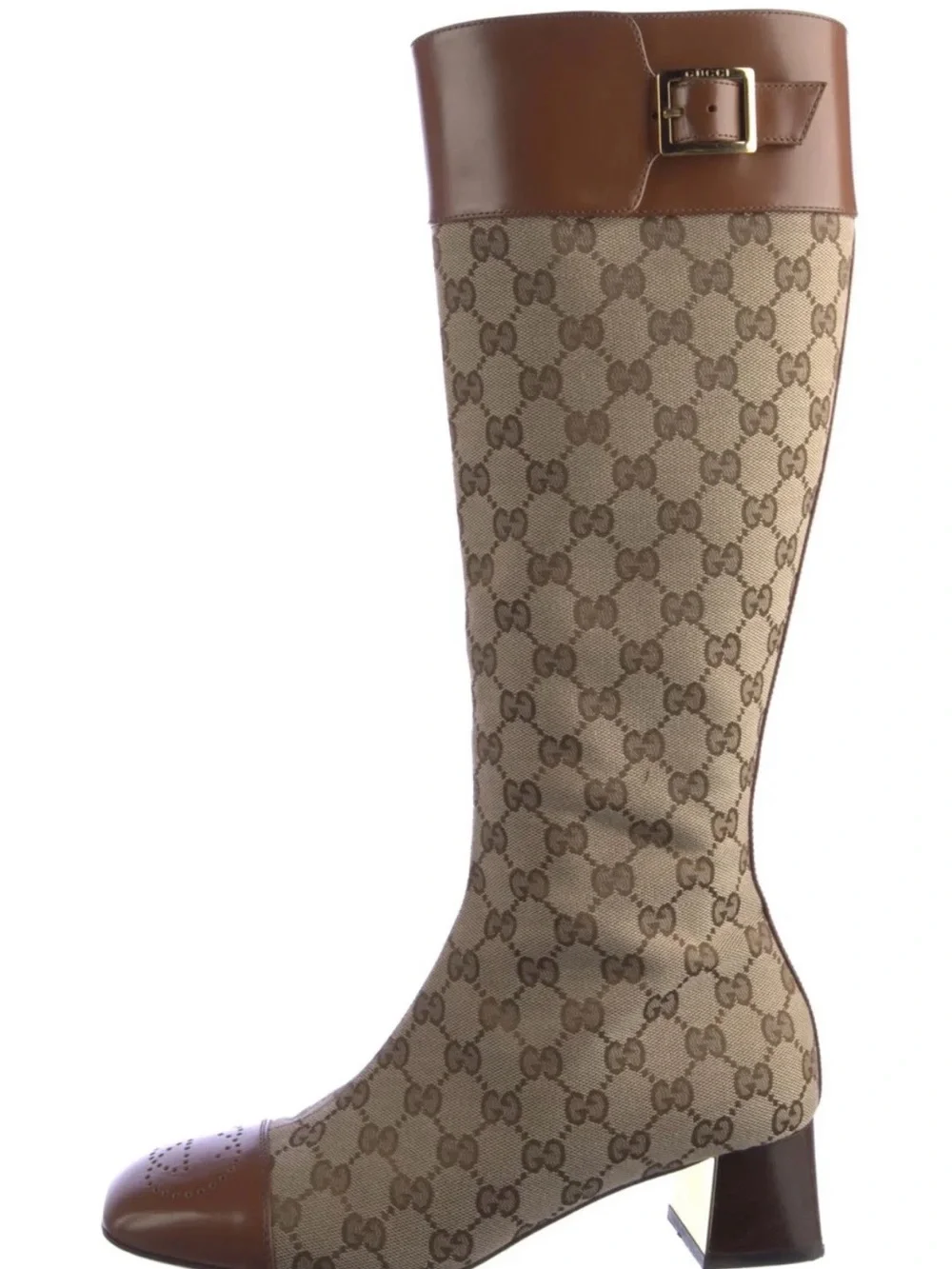 Gucci Beige & Brown Monogram Over-the-Knee Buckle Boot